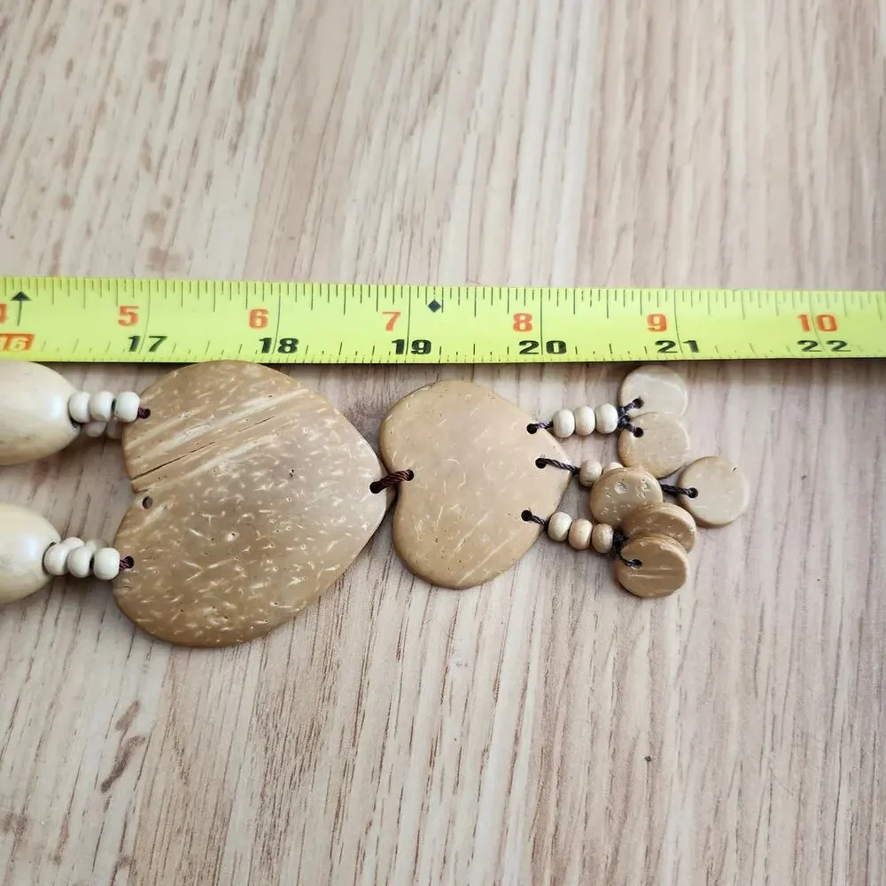 Boho Coconut‎ Shell Wood Bead Double Heart Pendant Necklace Tribal Beach Style